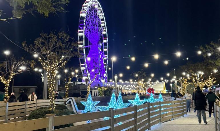 Pista di pattinaggio con ruota panoramica illuminata di notte.