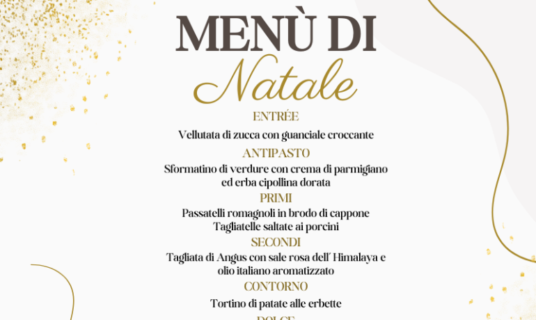 Elegante menù natalizio con piatti raffinati e dolce artigianale.