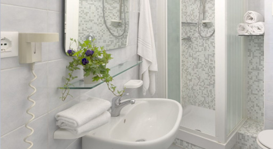Bagno moderno con doccia, lavandino, specchio, asciugamani e pianta decorativa.